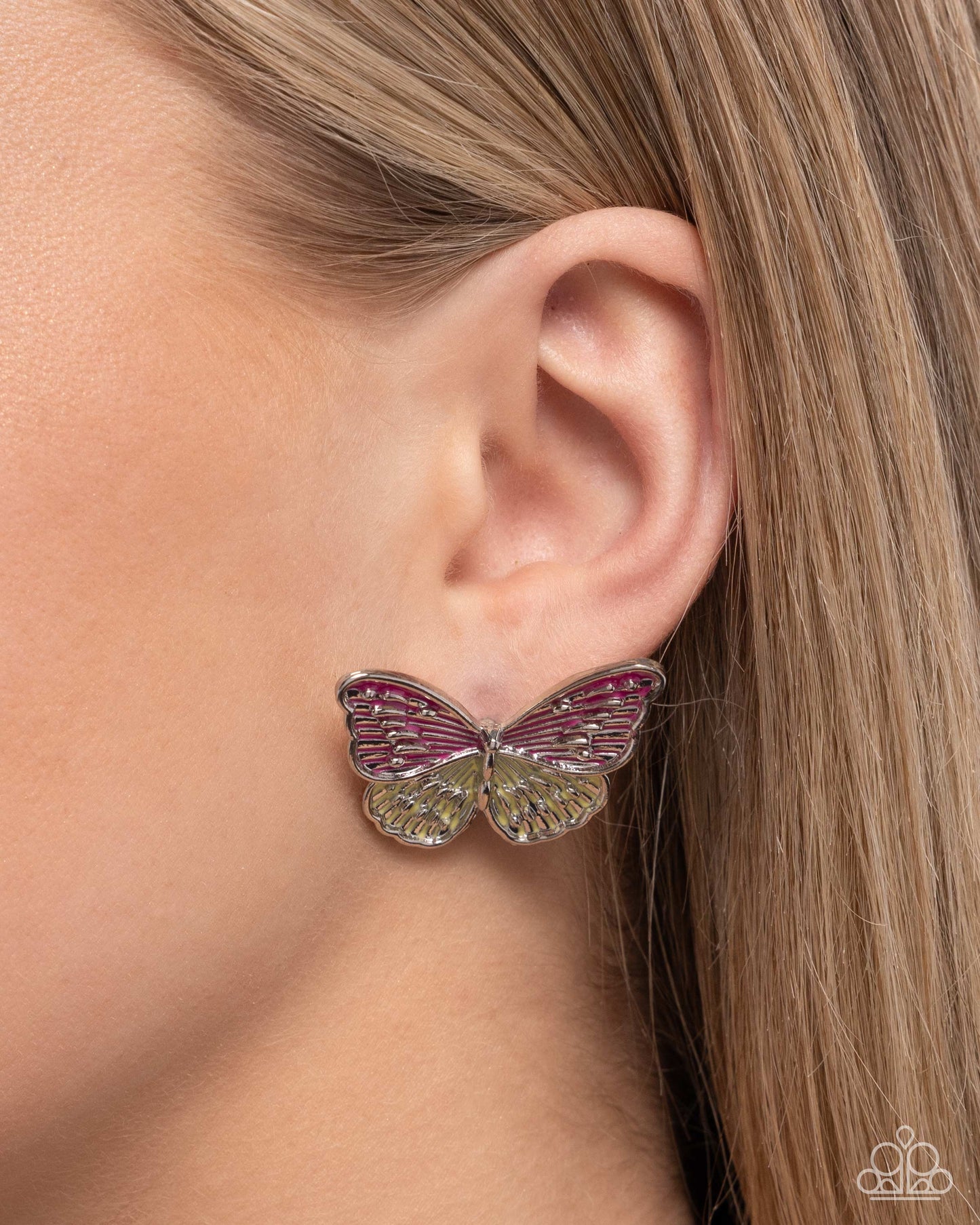 Aerial Appreciation - Pink Peacock & Yellow Painted Butterfly Post Earring Paparazzi E2850