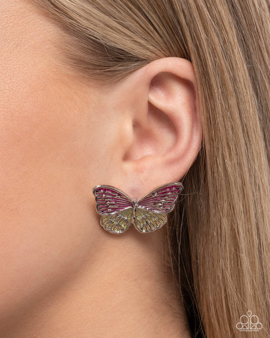 Aerial Appreciation - Pink Peacock & Yellow Painted Butterfly Post Earring Paparazzi E2850