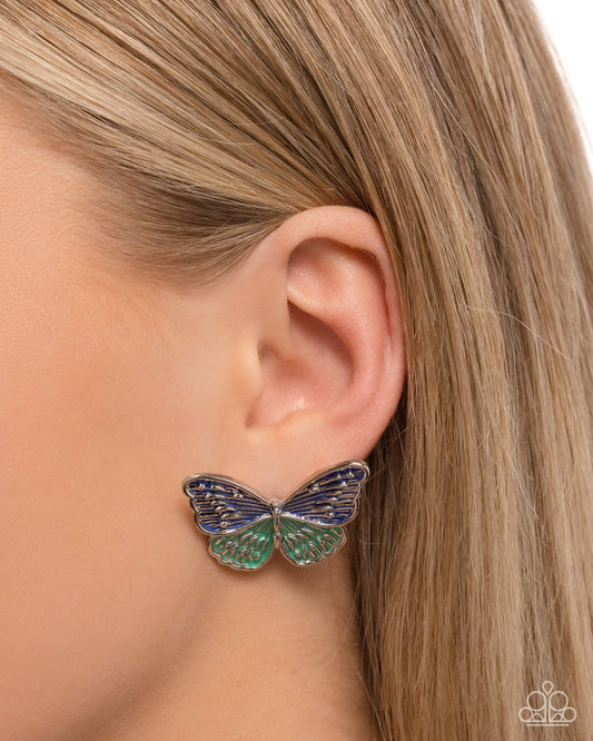 Aerial Appreciation - Blue & Mint Painted Butterfly Post Earring Paparazzi E3081