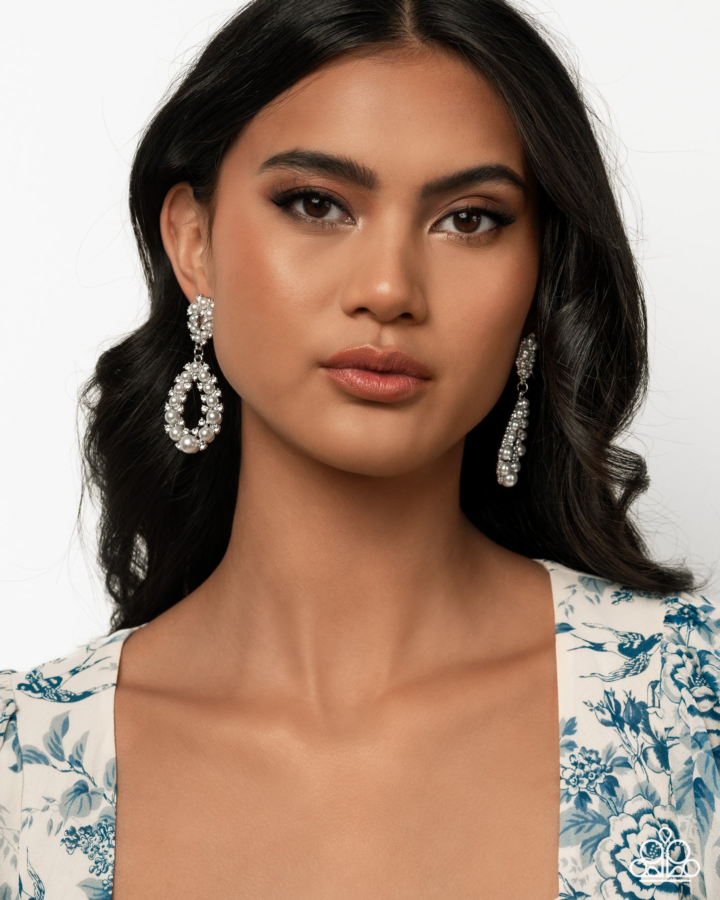 Dapper Debut - White Rhinestone & Pearl Silver Teardrop Earring Paparazzi