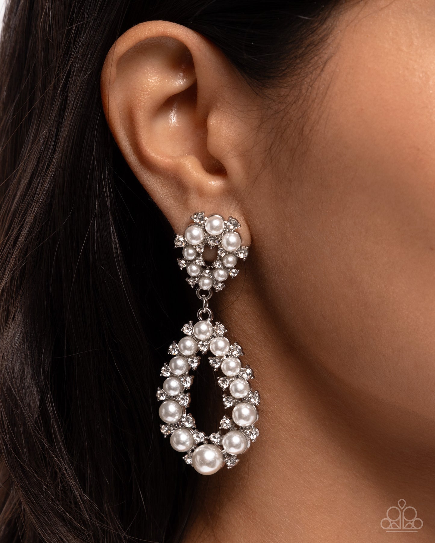 Dapper Debut - White Rhinestone & Pearl Silver Teardrop Earring Paparazzi