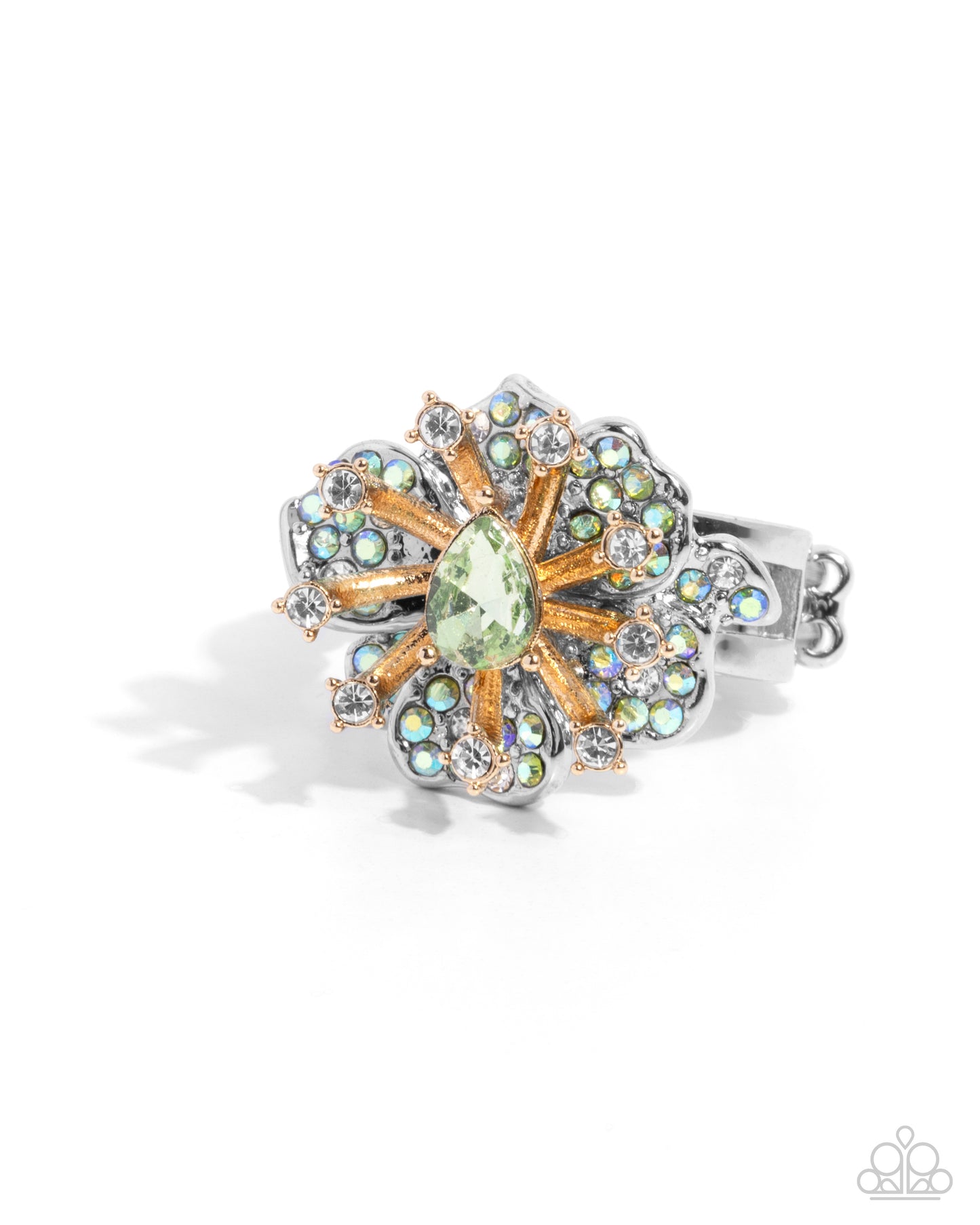 Decadent Display - Green Iridescent & White Rhinestone Floral Ring Paparazzi R0725