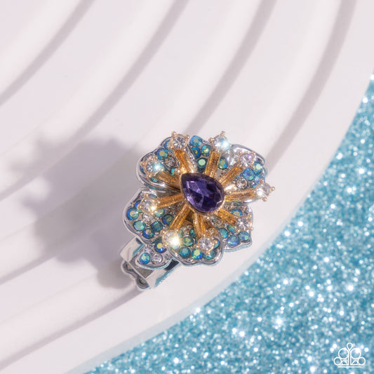 Decadent Display - Purple Teardrop Gem, Blue Iridescent & White Rhinestone Ring Paparazzi R0861