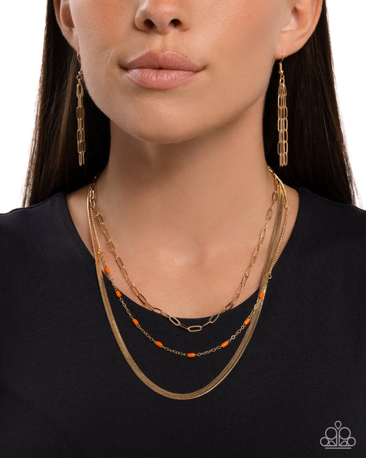 Mismatched Magic - Orange Red Bead, Gold Herringbone & Paperclip Layered Chain Necklace Paparazzi N2549