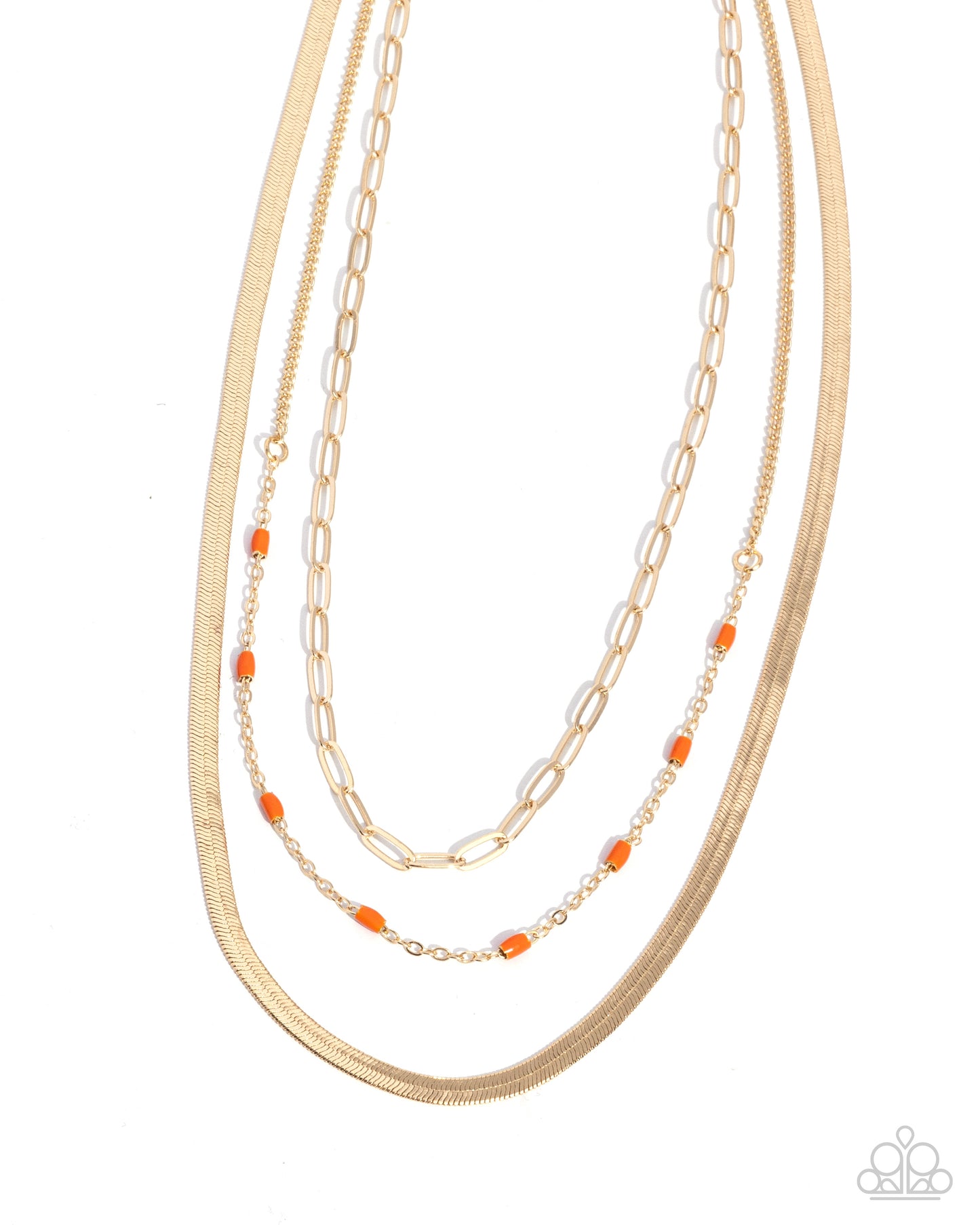 Mismatched Magic - Orange Red Bead, Gold Herringbone & Paperclip Layered Chain Necklace Paparazzi N2549