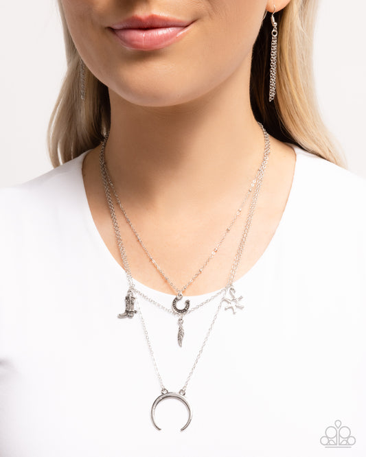 Saloon Sass - Silver Western Inspired Horseshoe, Sheriff Star, Feather, Cowboy Boot Charm Necklace Paparazzi N2416