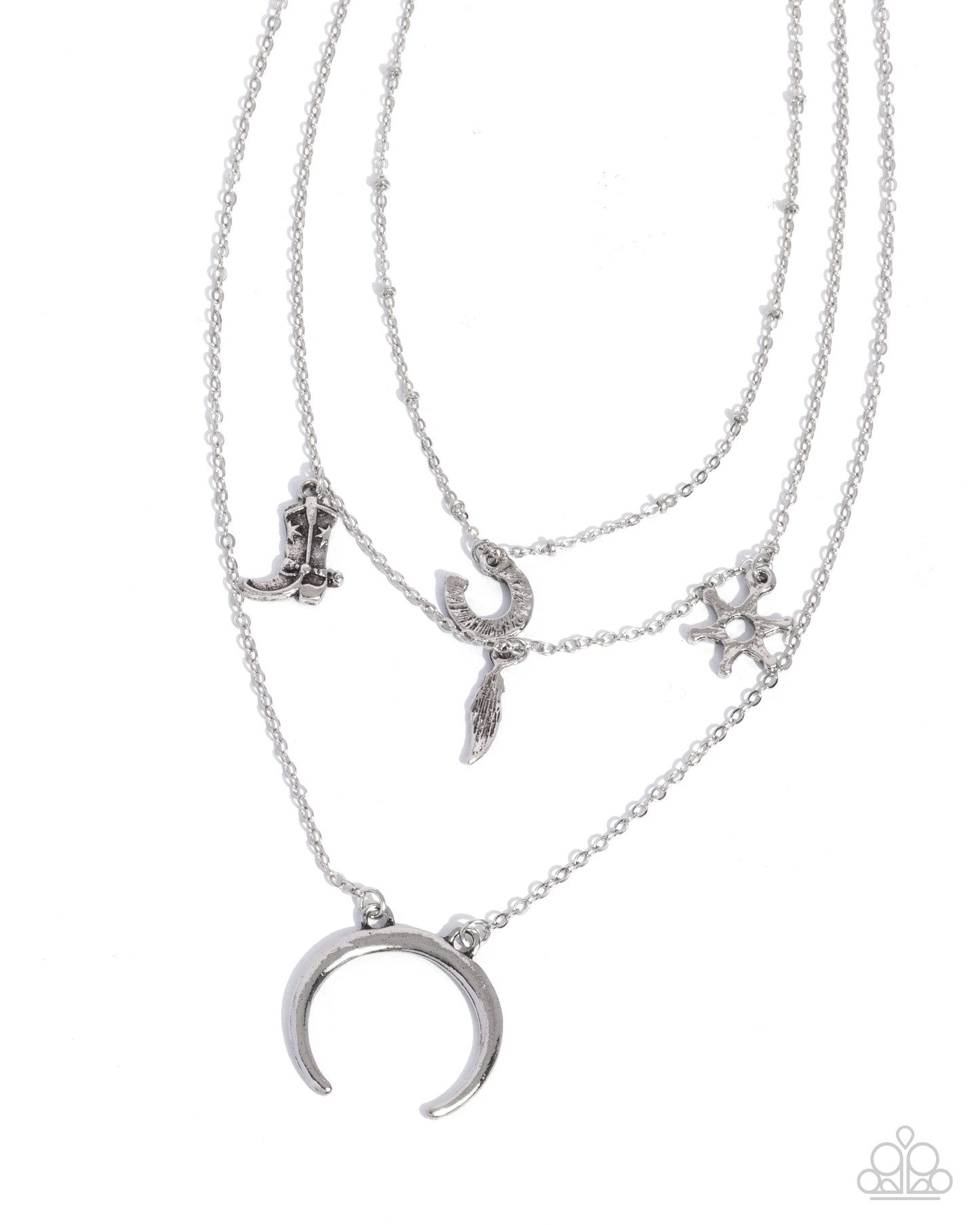 Saloon Sass - Silver Western Inspired Horseshoe, Sheriff Star, Feather, Cowboy Boot Charm Necklace Paparazzi N2416