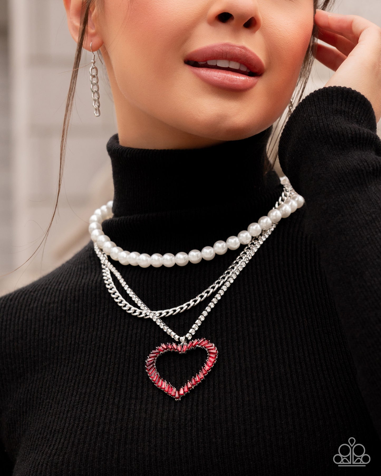 Y2K Year - Red Gem Heart White Pearl Layered Necklace 2024 Convention Exclusive Paparazzi N2494