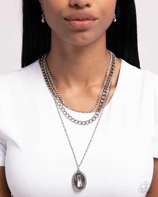 Edgy Empire - White Rhinestone Silver Layered Chain Necklace Paparazzi N2791