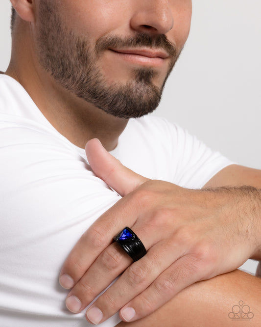 Trenchant Triangle - Blue Gem Black Painted Urban Men's Ring Paparazzi R0737