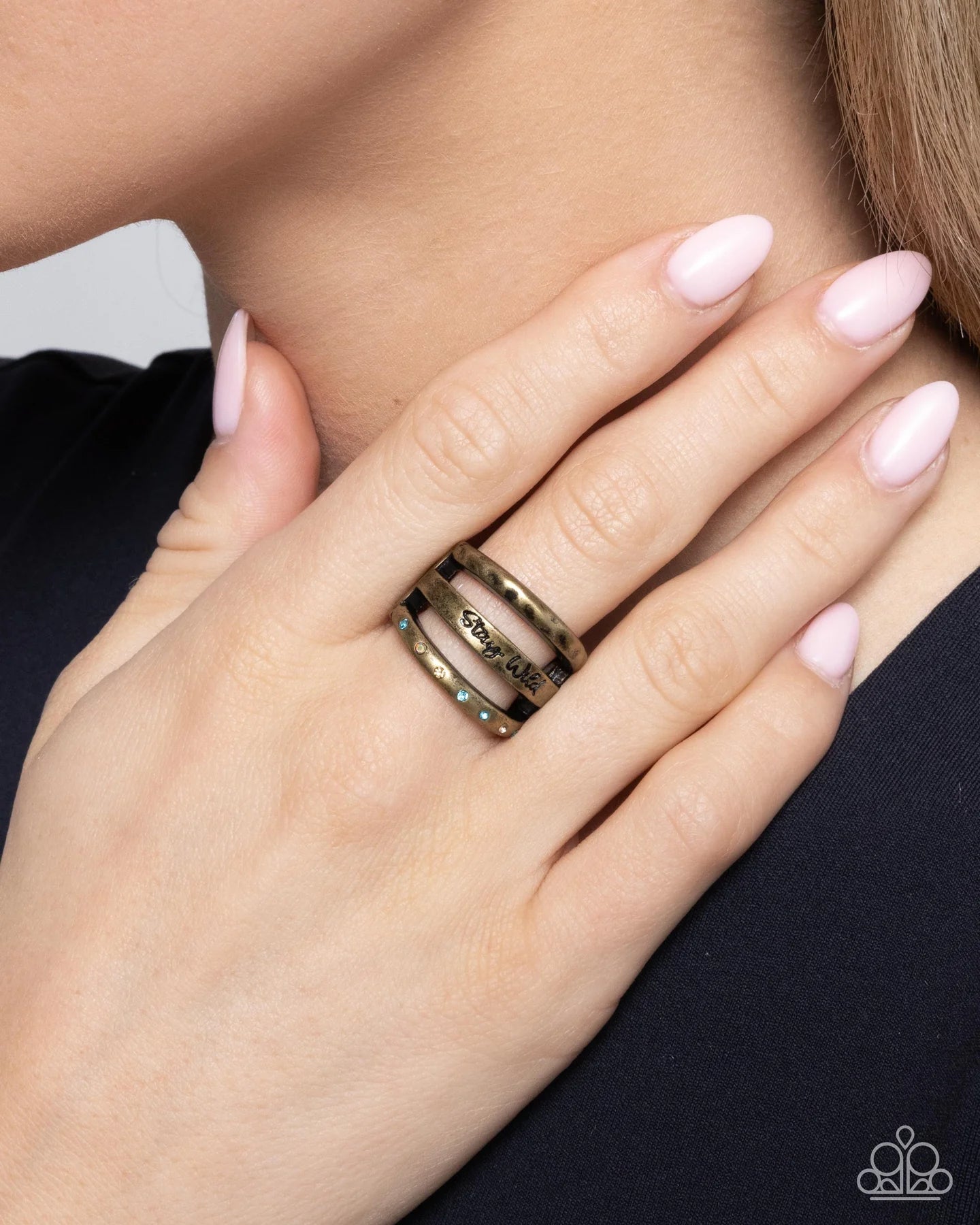 Paparazzi Stay Wild, Flower Child - Brass Multicolored Rhinestone Inspirational "Stay Wild" Ring R1316