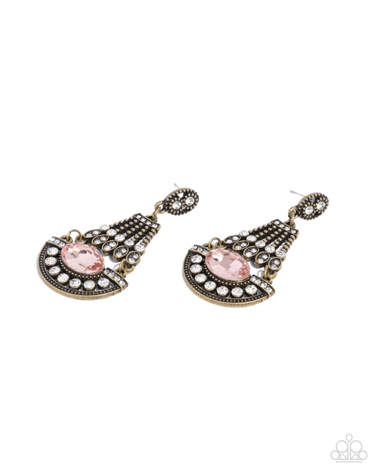Complimentary Chandelier - Brass & Peach Gem Pendant Earring Paparazzi E2507