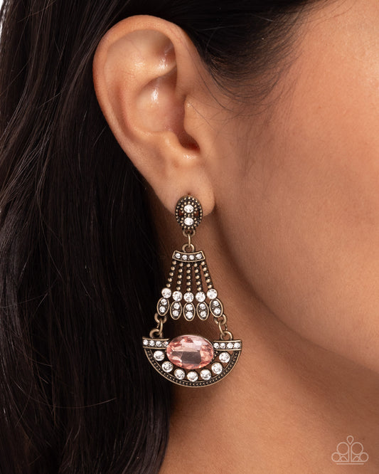 Complimentary Chandelier - Brass & Peach Gem Pendant Earring Paparazzi E2507