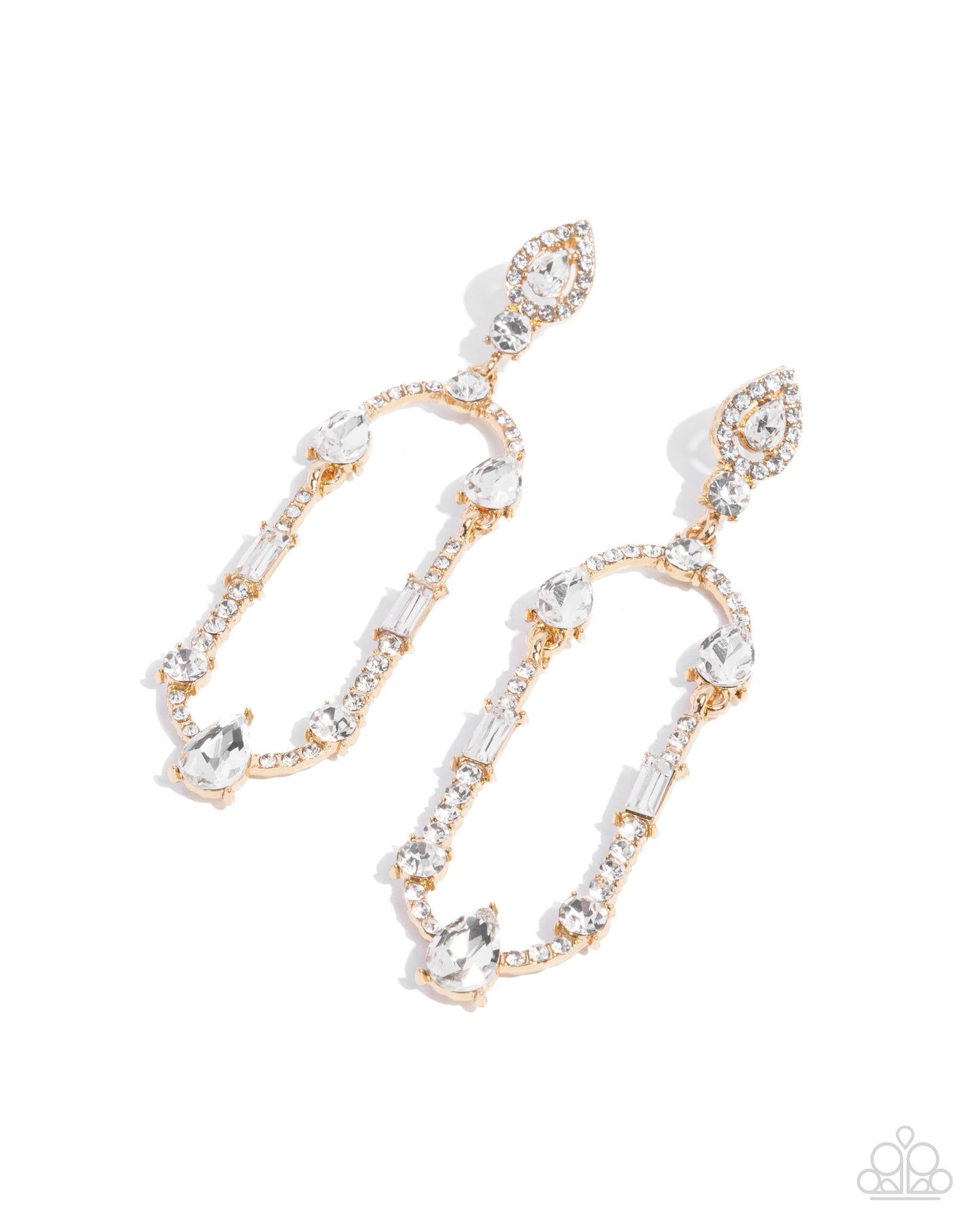 Hard to Forget - Gold Teardrop Frame & White Rhinestone Post Earring Paparazzi E2171