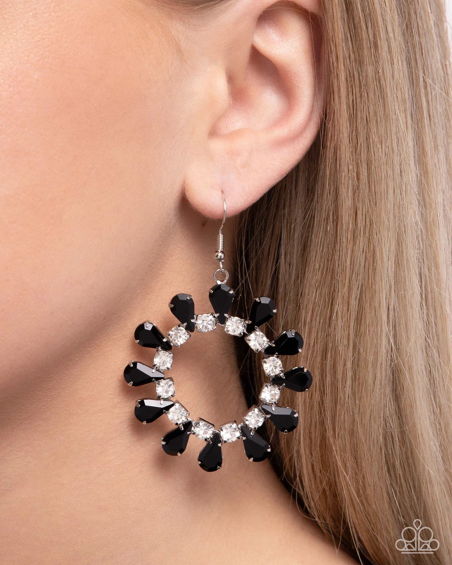 Paparazzi Wreathed Wish - Black Rhinestone Silver Circle Earrings E3248