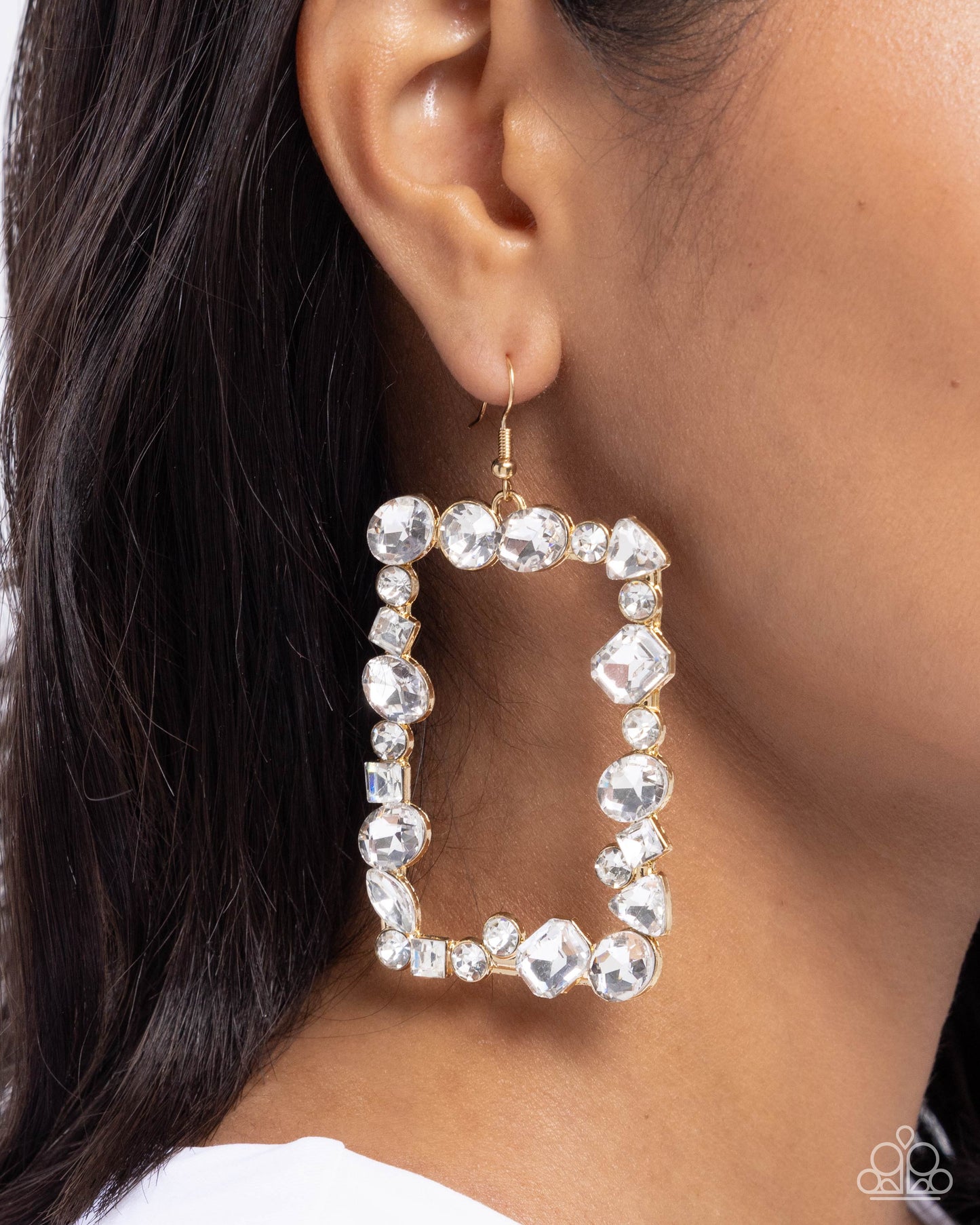 Wishful Wardrobe - Gold & White Gem Oversized Frame Earring Paparazzi