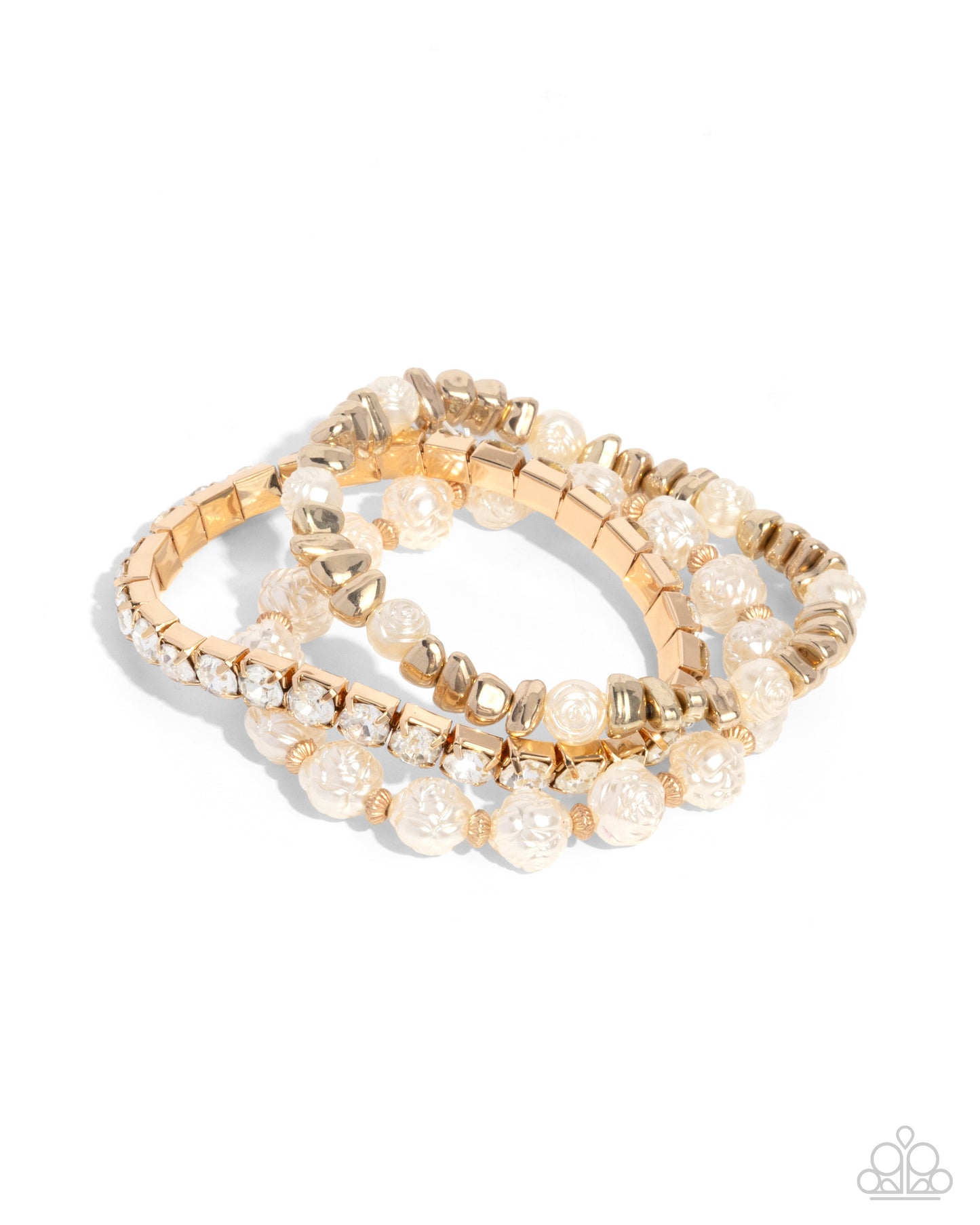 Fair Florals - Gold & White Rhinestone 3 Stretch Bracelet Set Paparazzi B1822