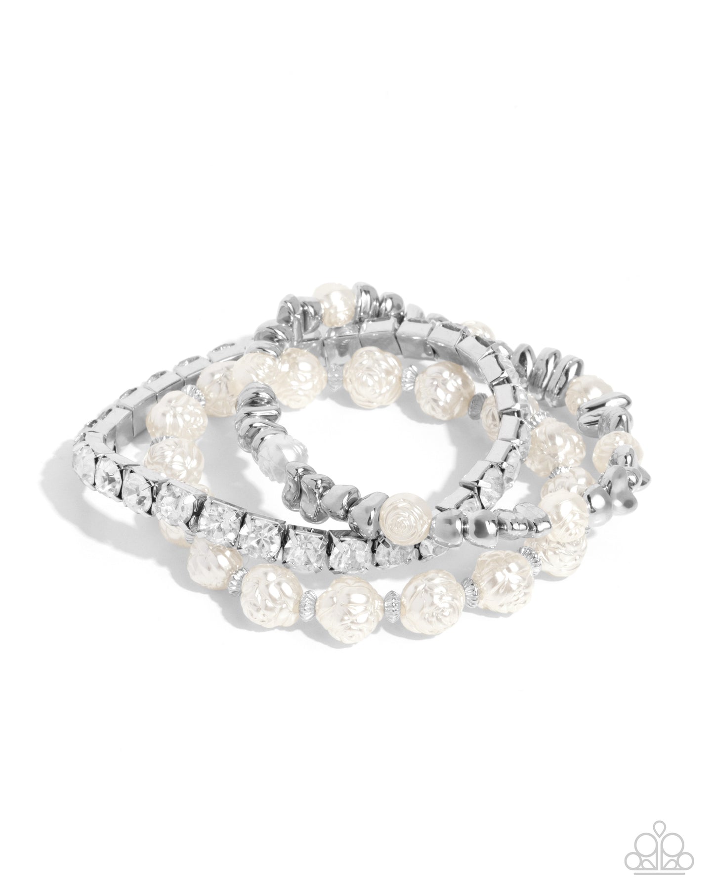 Fair Florals - White Rhinestone, Pearly Rosette Bead Set Of 3 Stretch Bracelets Paparazzi