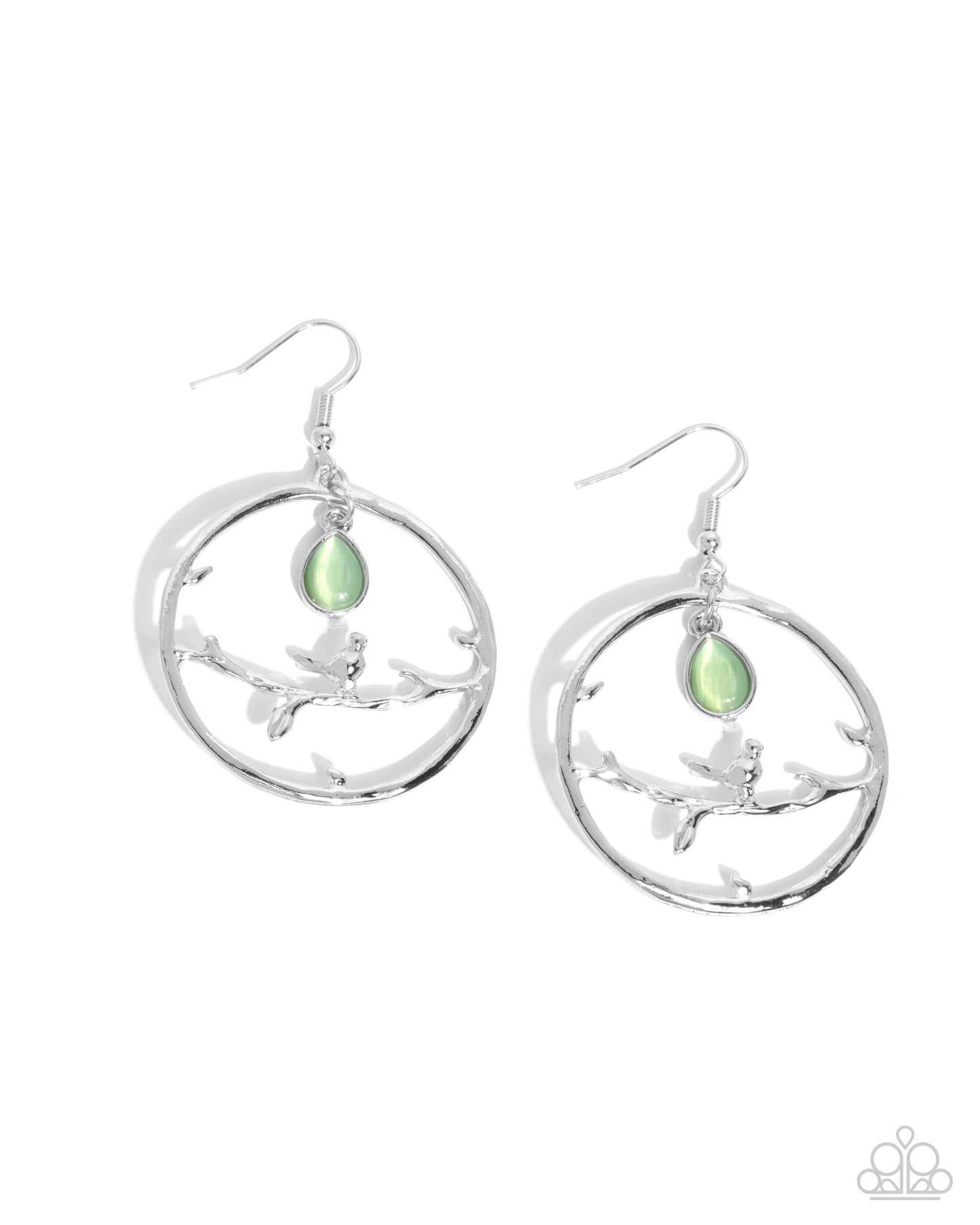 Picturesque Scene - Green Cat's Eye Stone Silver Bird Earring Paparazzi E2077