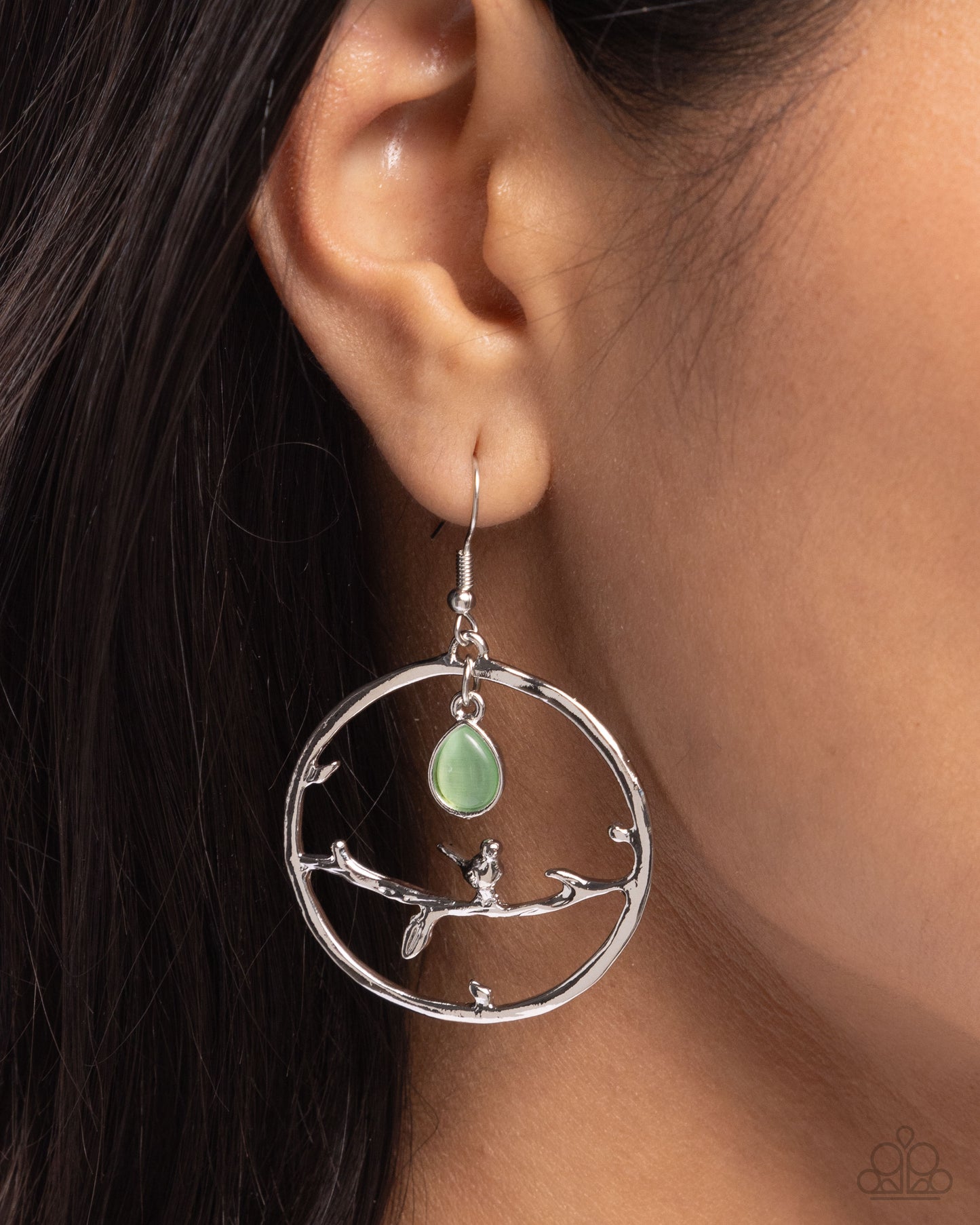 Picturesque Scene - Green Cat's Eye Stone Silver Bird Earring Paparazzi E2077