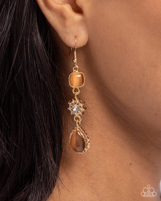 Feeling Fantastic - Brown Cat's Eye Stone Gold Earring Paparazzi E2685