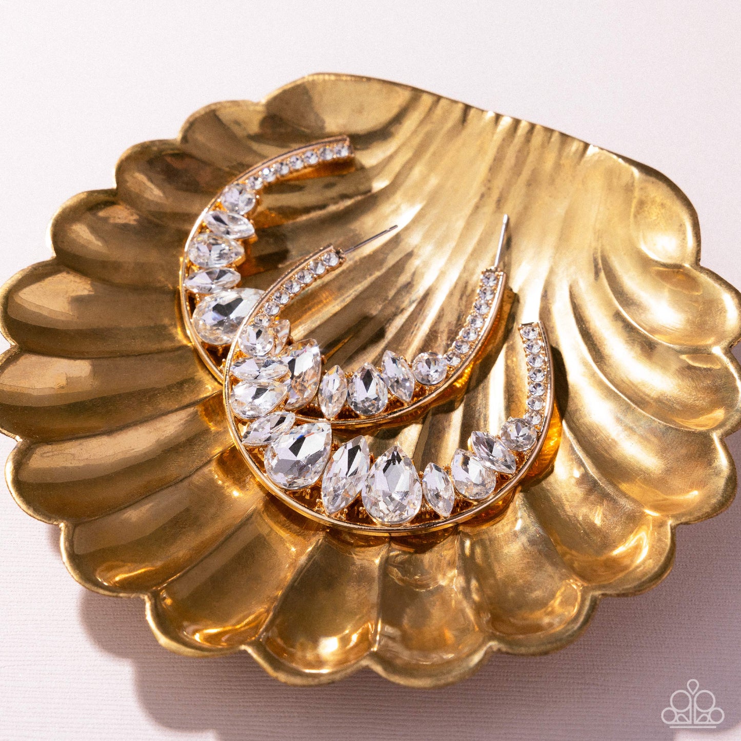 Refined Rewind - Gold, White Gem & Rhinestone 2 1/2 Inch Hoop Earring Paparazzi E2671