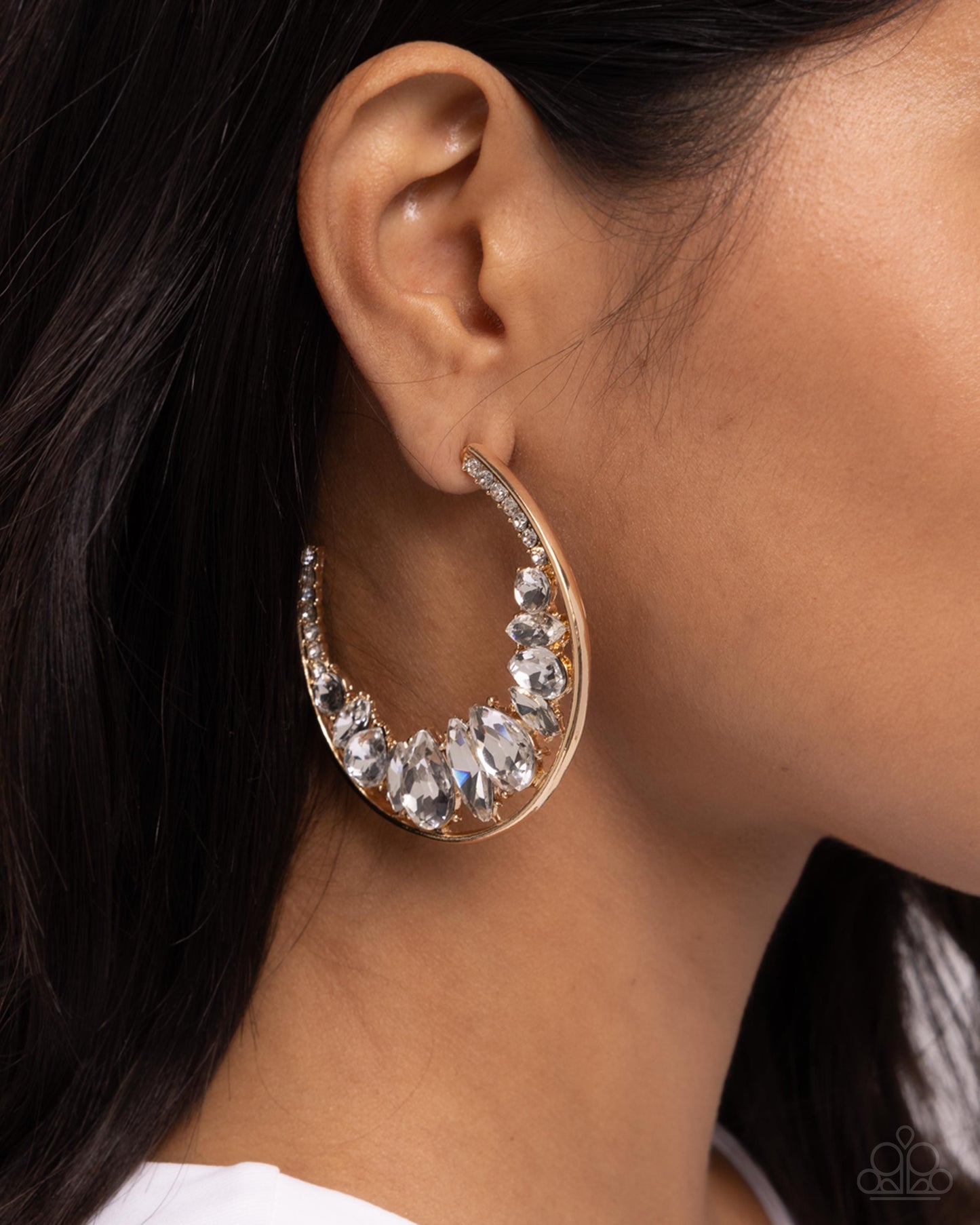 Refined Rewind - Gold, White Gem & Rhinestone 2 1/2 Inch Hoop Earring Paparazzi E2671