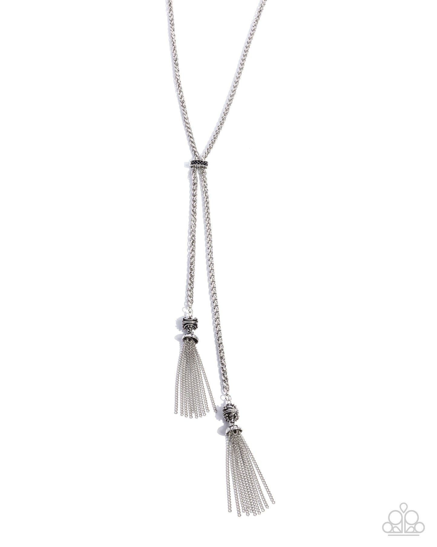 Tassel Transit - Black Rhinestone And Silver Tasseled Chain Bolo Style Necklace Paparazzi N2497