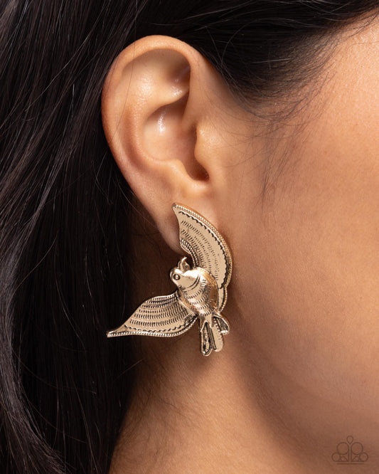 Bird of PLAY - Gold Antiqued Bird Post Earring Paparazzi E2154