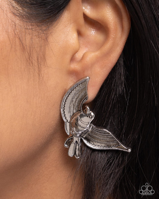 Bird of PLAY - Silver Antiqued Bird Post Earring Paparazzi