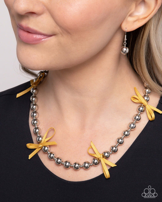 Elegant Event - Yellow Golden Palm Ribbon & Silver Bead Necklace Paparazzi