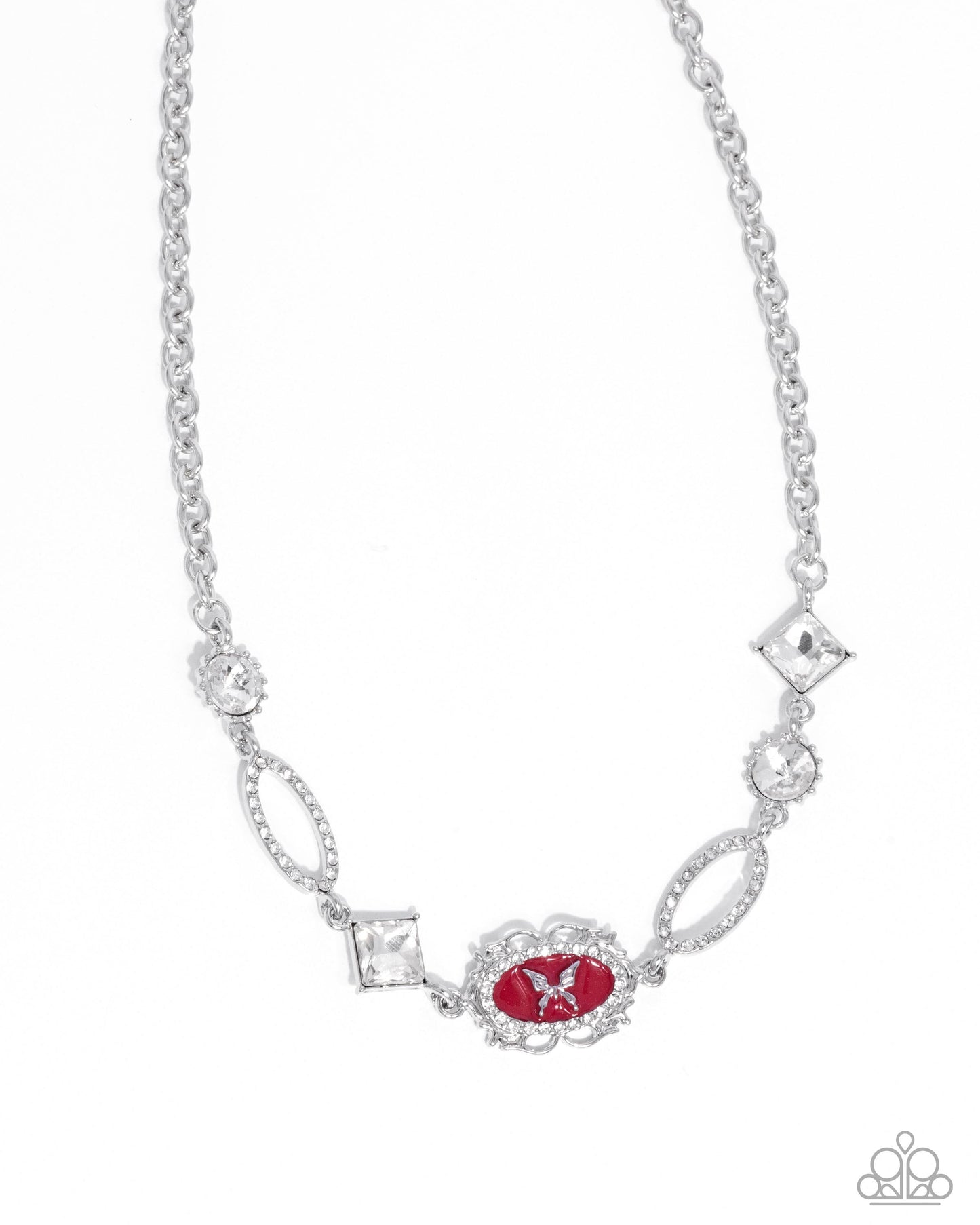 Aerial Approval - Red Scarlet Smile Frame Silver Butterfly Necklace Paparazzi N2553