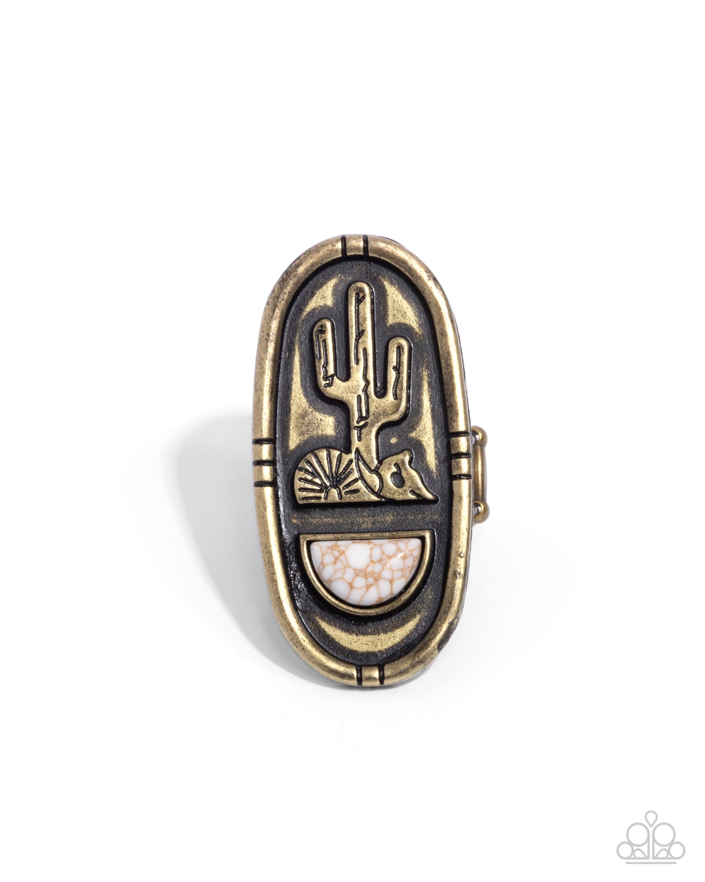 Southwestern Sketch - Brass Cactus & White Stone Santa Fe Style Ring Paparazzi R0795