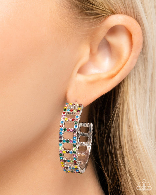 Bridging Brilliance - Multi Colored Rhinestone Frame Edgy 1 1/2 Inch Hoop Earring Paparazzi