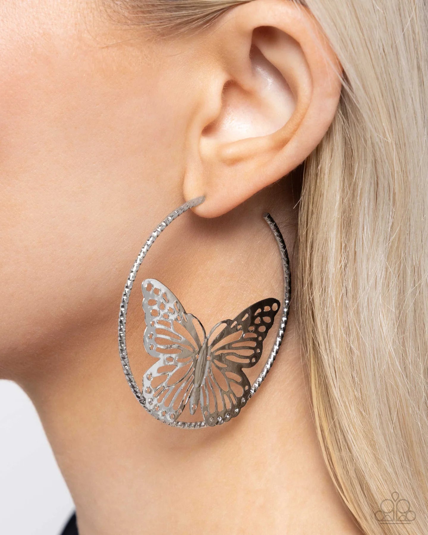 Aerial Alias Silver Oversized Butterfly 2 1/2 Inch Hoop Earring Paparazzi E2338