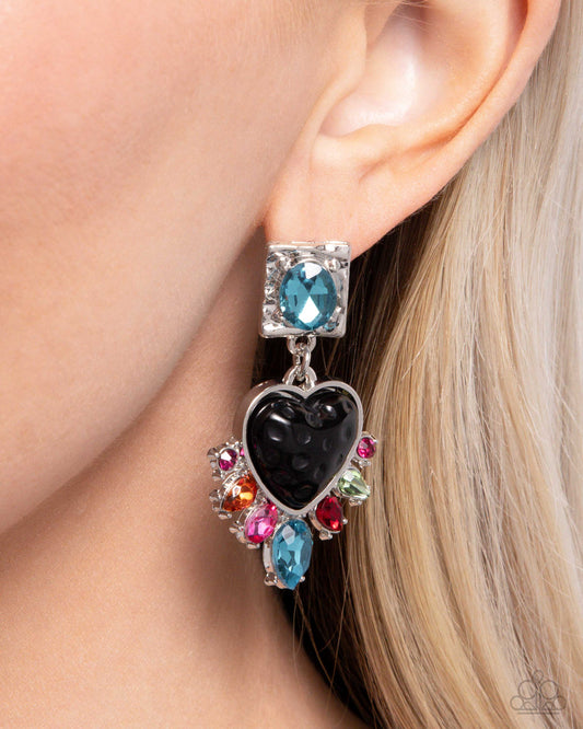 Bohemian Bling - Black Heart Bead, Blue & Multicolored Gem Post Earring Paparazzi E2902