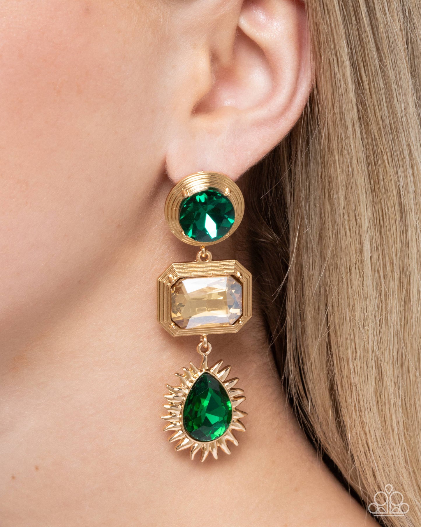 Entertaining the Thought - Green Aventurine Round & Teardrop, Champagne Emerald Cut Gem Post Earring Paparazzi