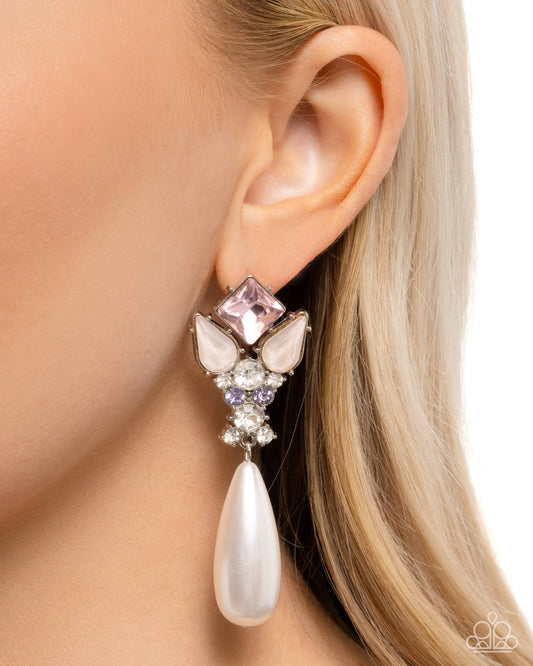 Pearly Promenade - Multi - Light Pink, White, Violet & Opalescent Pink Rhinestone Gem & White Pearl Post Earring Paparazzi E2111