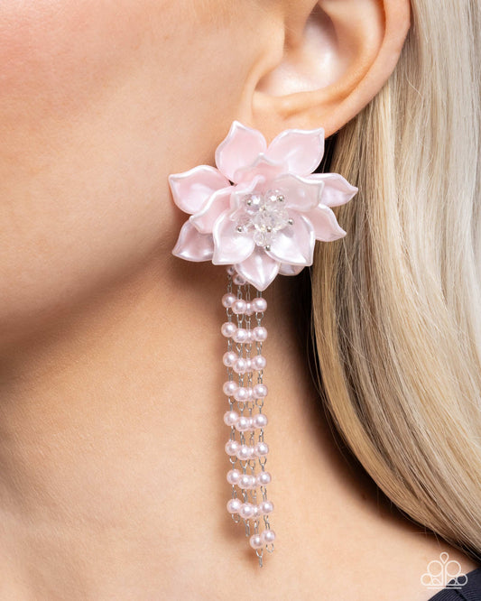 Lotus Length - Pink - Baby Pink Flower & Pearl Earring Paparazzi E2361