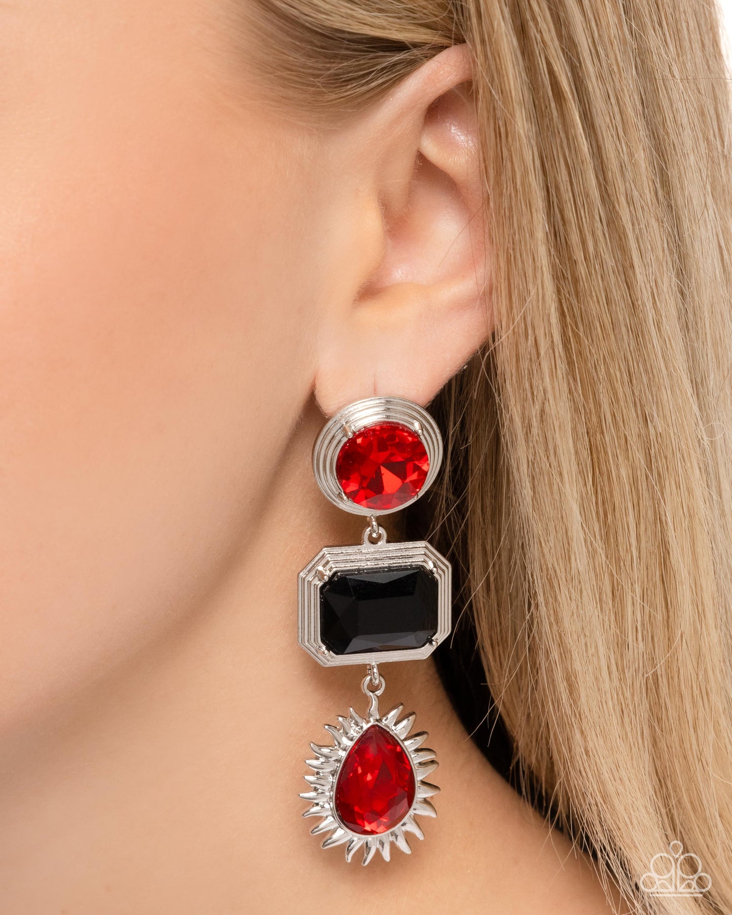 Entertaining the Thought - Red Teardrop & Round, Black Emerald Cut Gem Earring Paparazzi