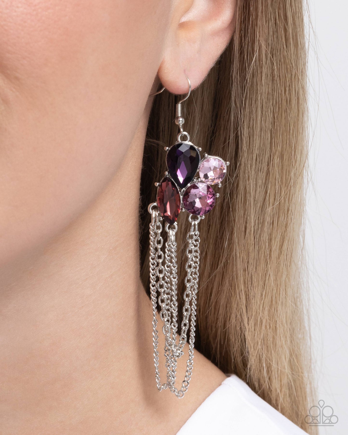 Decadent Distance - Purple Multicolored Gem Silver Chain Earring Paparazzi E2565