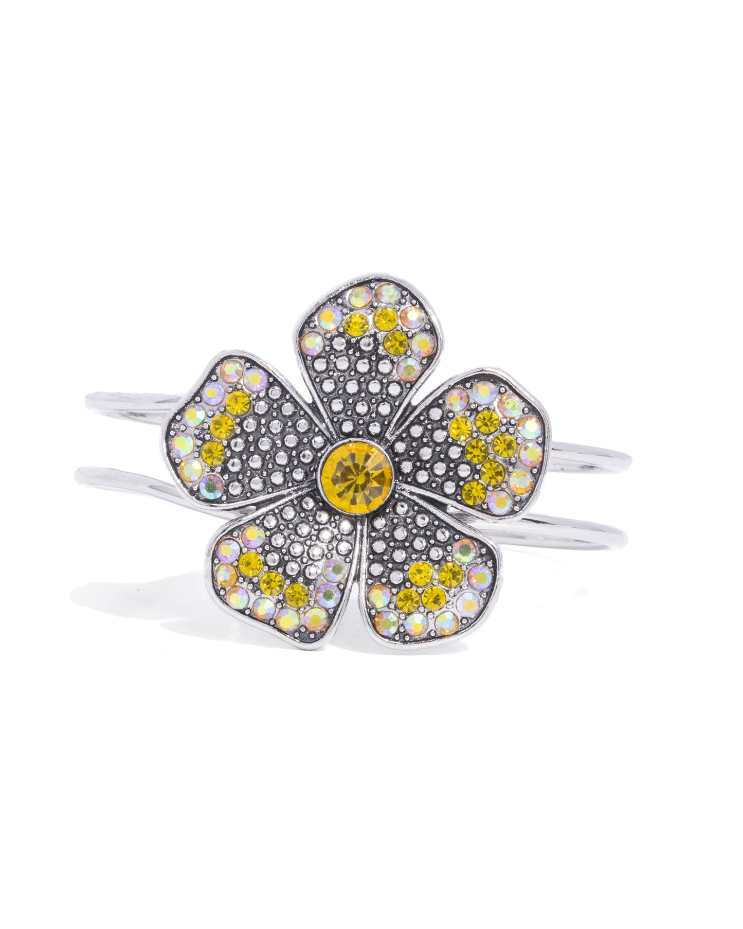 Bedazzled Bloom - Yellow Iridescent Rhinestone Flower Hinged Bracelet Paparazzi B1758