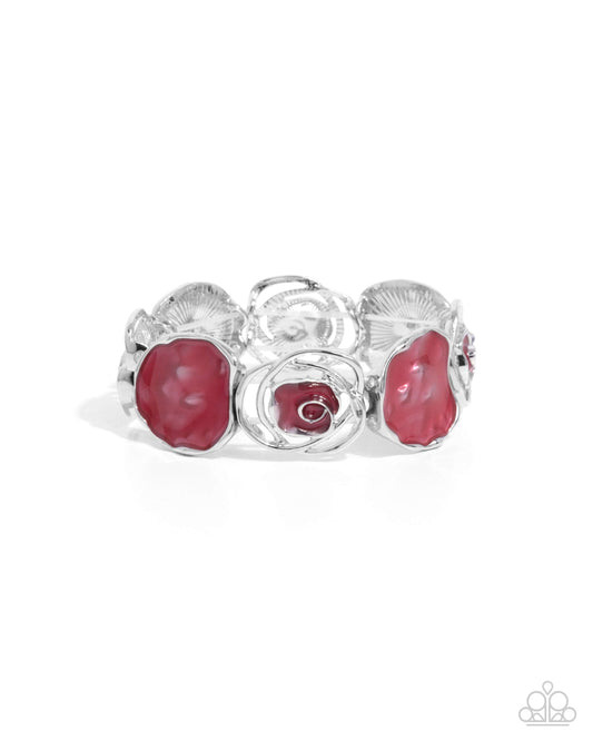 Rosy Rubato - Red Painted Disc & Silver Rose Stretch Bracelet Paparazzi B2194
