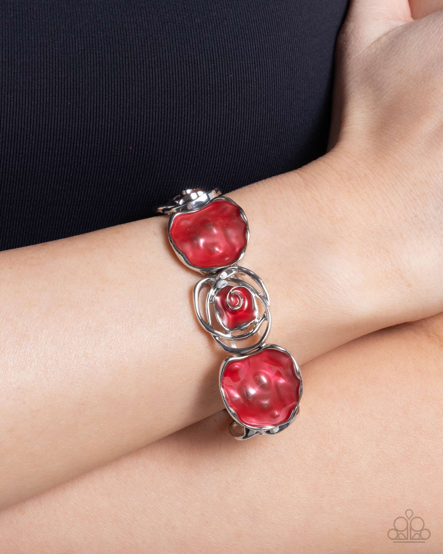 Rosy Rubato - Red Painted Disc & Silver Rose Stretch Bracelet Paparazzi B2194