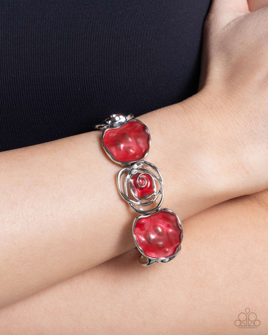 Rosy Rubato - Red Painted Disc & Silver Rose Stretch Bracelet Paparazzi B2194