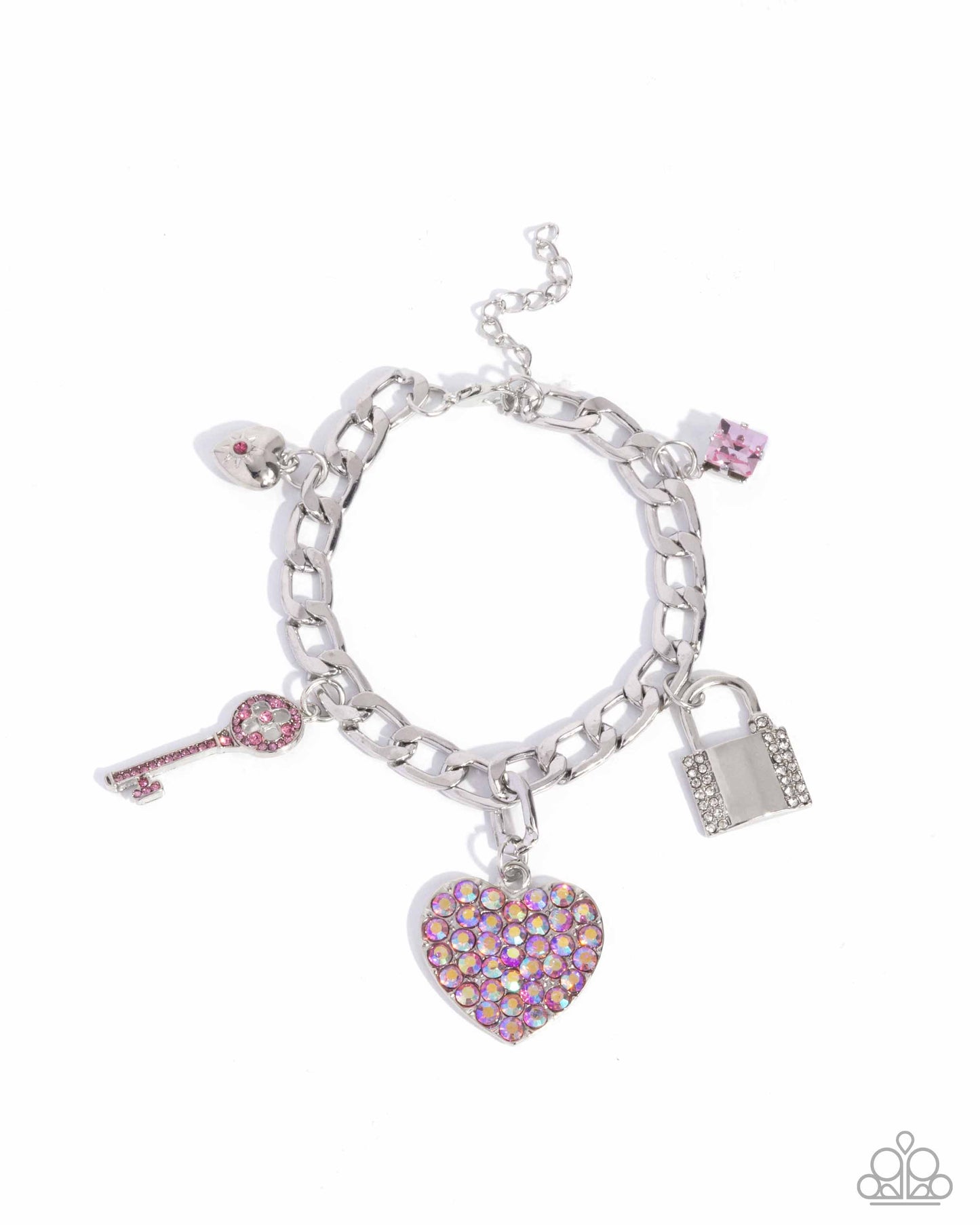 Fortified Fashion - Pink Rose Iridescent Rhinestone Heart & Charm Bracelet Paparazzi B1757