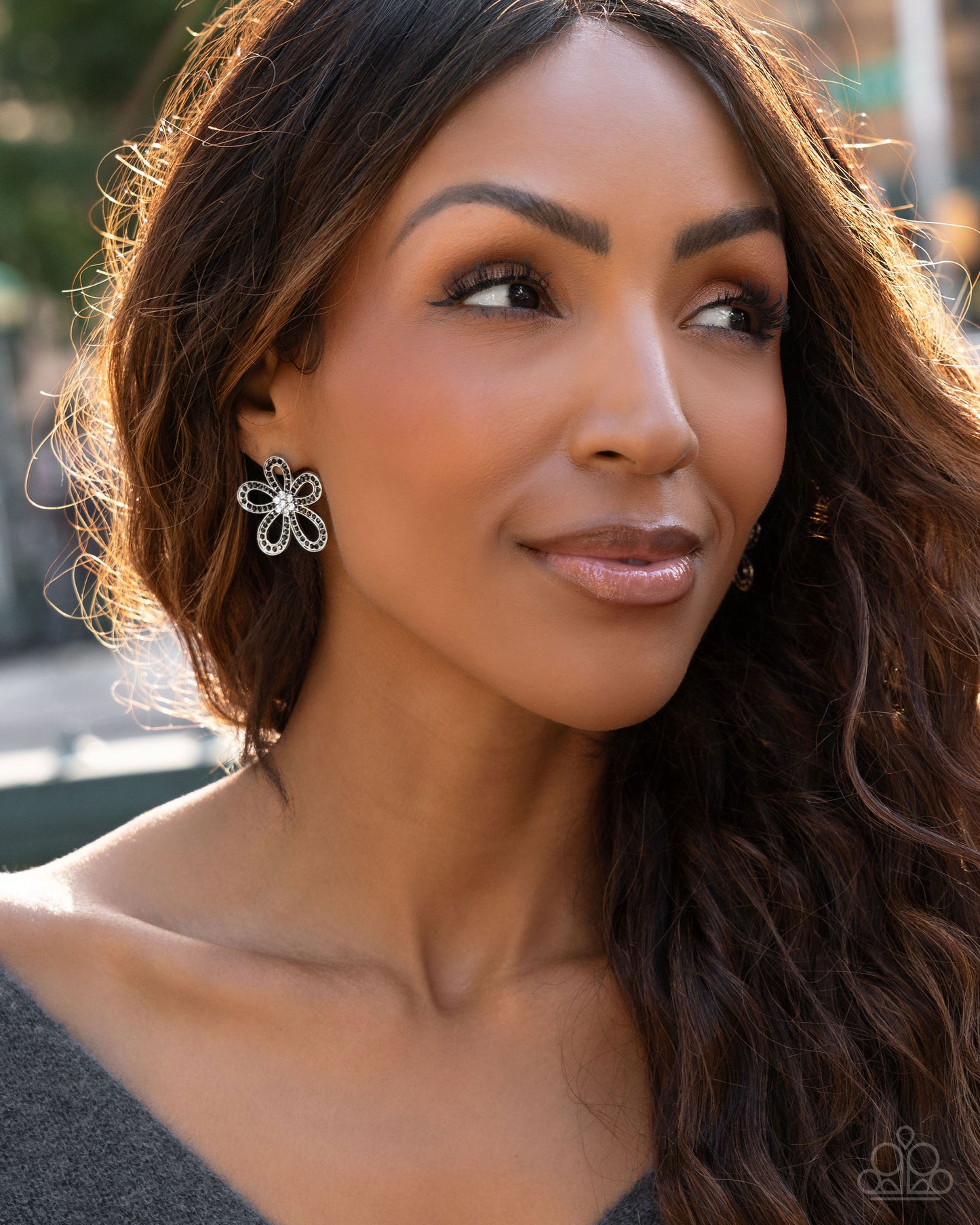 Blooming Belle - Black & White Rhinestone Flower Post Earring Paparazzi E2805
