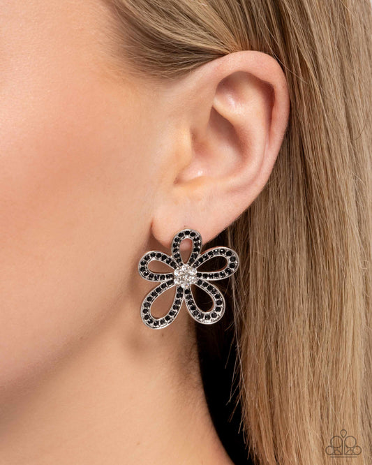Blooming Belle - Black & White Rhinestone Flower Post Earring Paparazzi E2805
