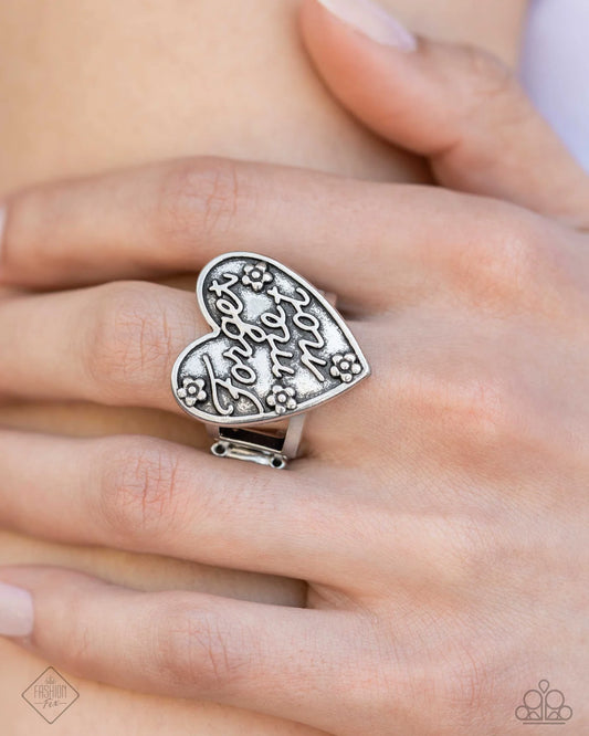 Rustic Remembrance - Silver Forget Me Not Heart Ring Glimpses Of Malibu Fashion Fix August 2024 Paparazzi R1176
