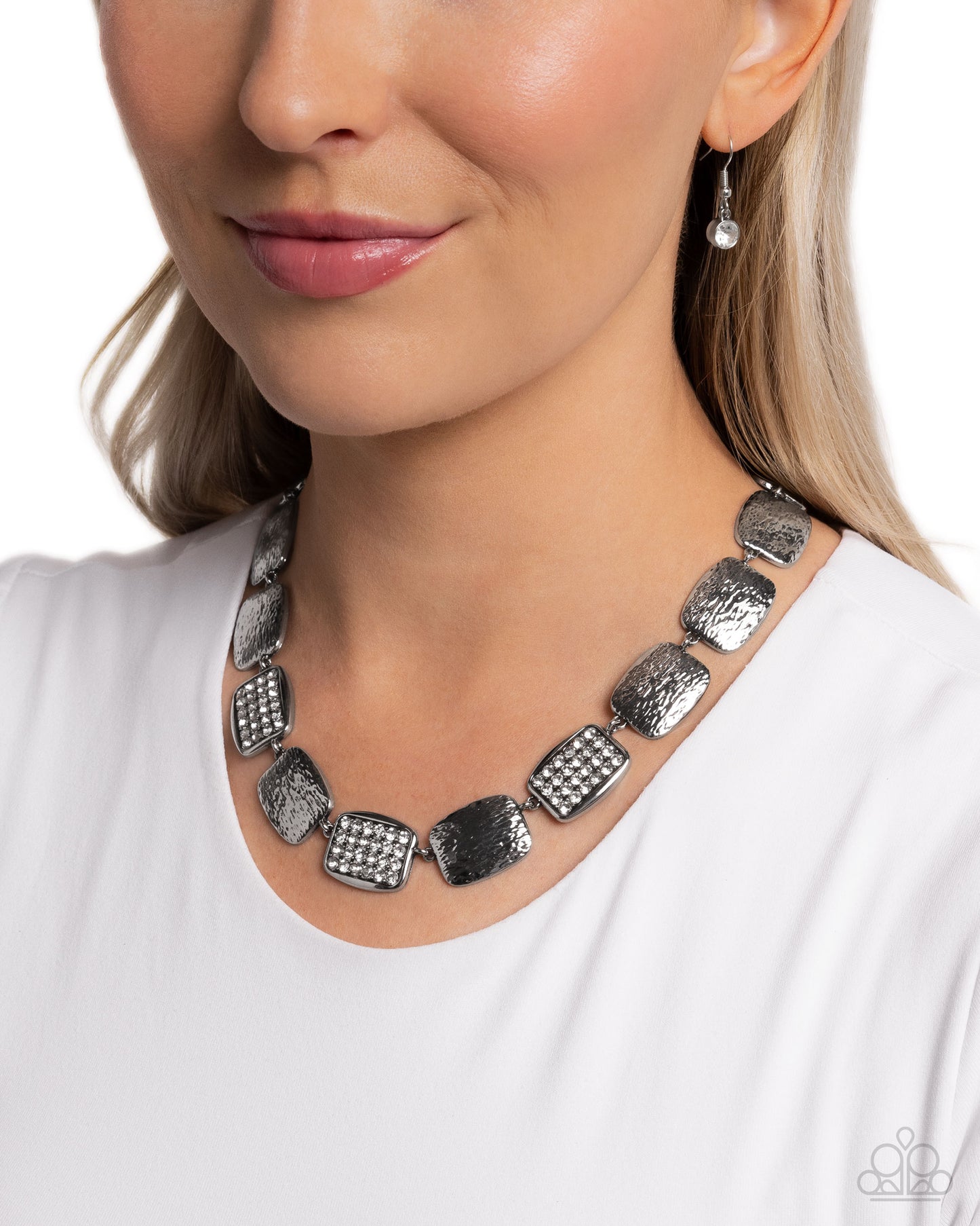 Brilliant Belonging - White Rhinestone Hammered Silver Necklace Paparazzi N3146
